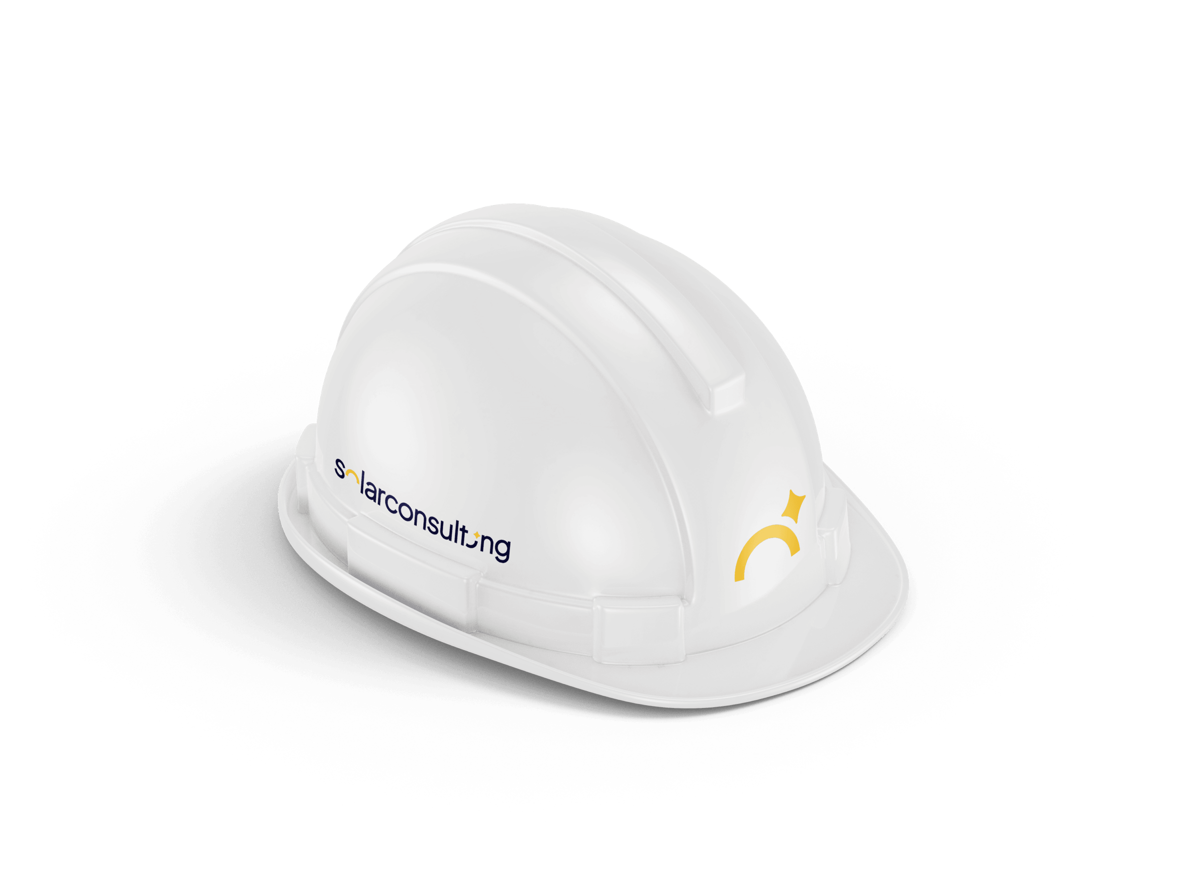 En hvit vernehjelm med Solar Consulting-logo på